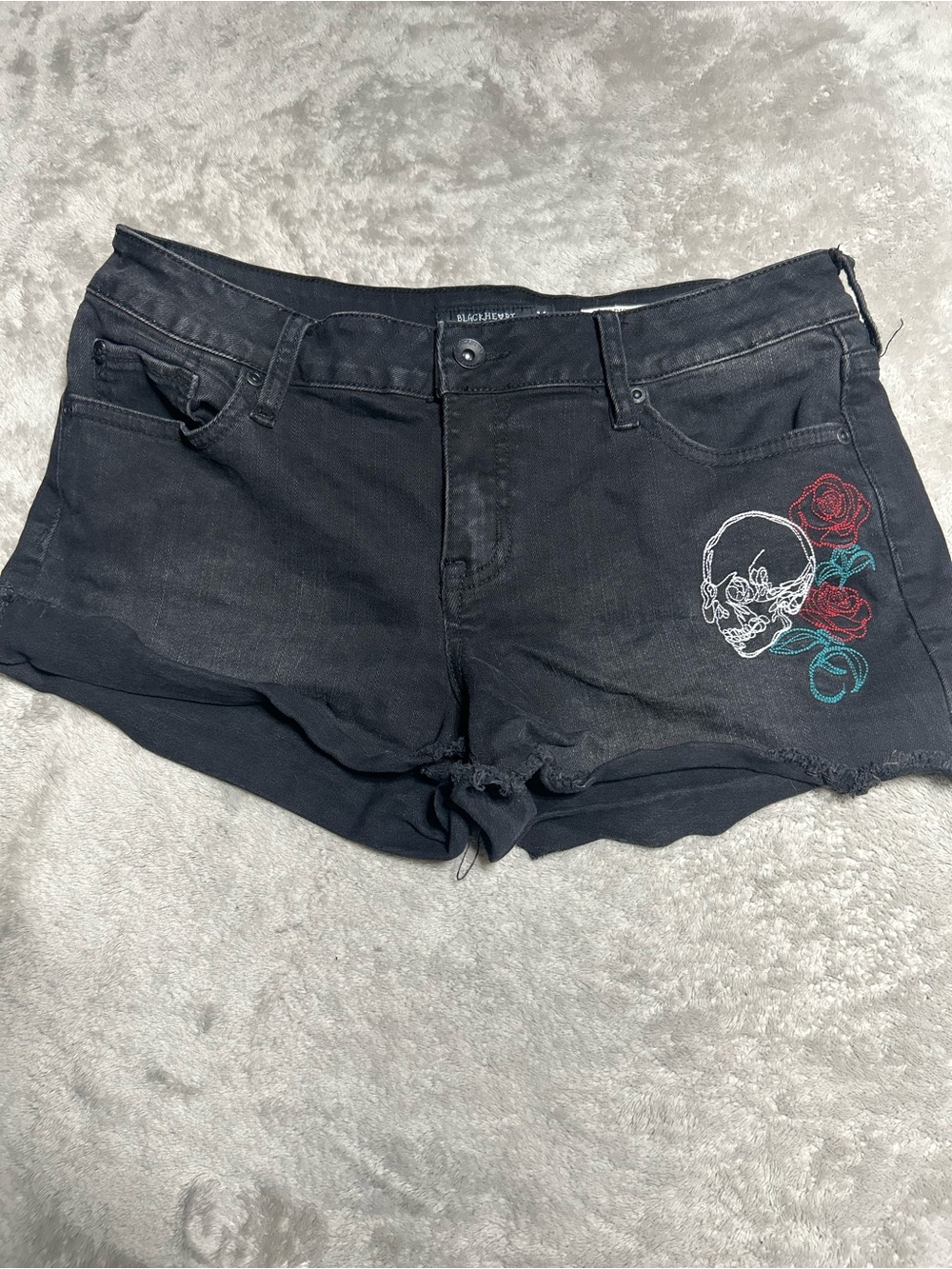 Blackheart Black Denim Shorts with Skull & Rose Embroidery